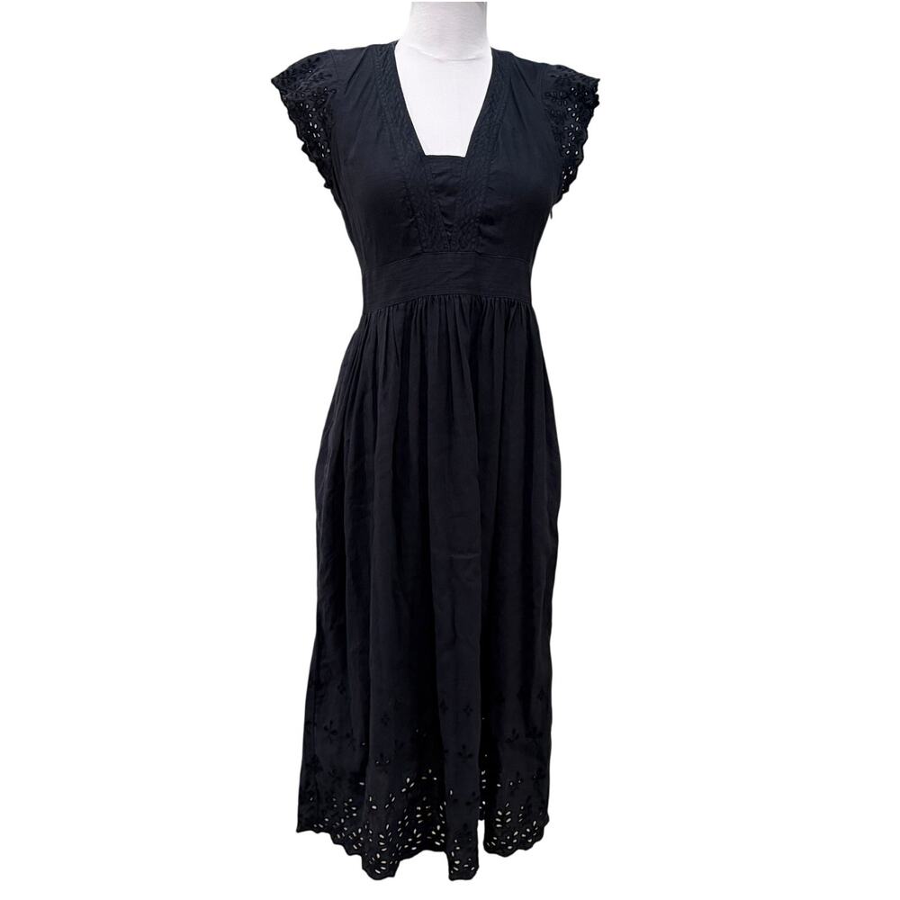 Madewell Black Eyelet Nightbreeze Midi Dress Linen Cotton 2 Coquette Chic Boho